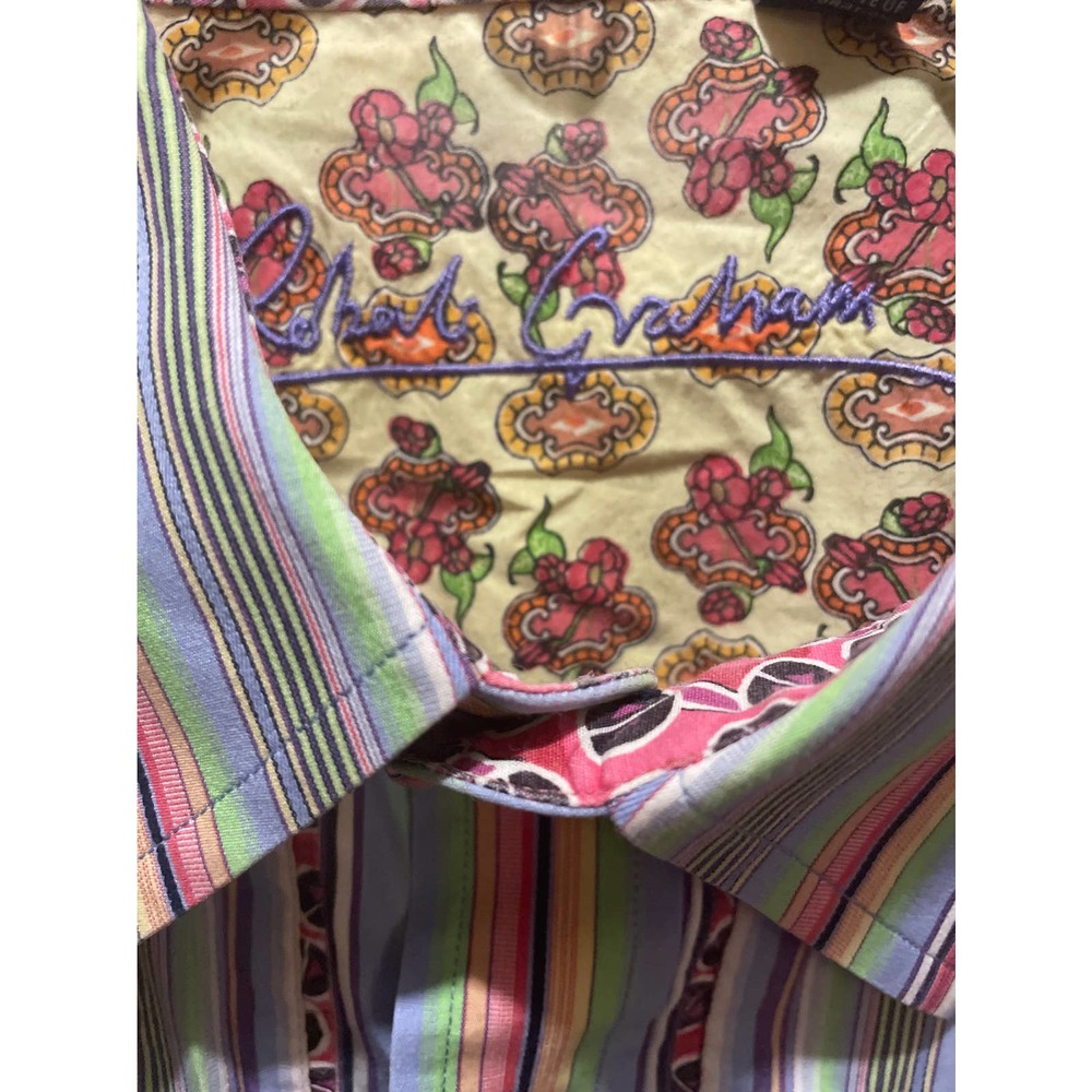 Robert Graham Men's Colorful Stripe Flip Cuff Dress Shirt Size 2XL B3